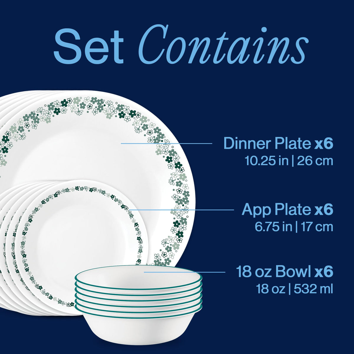 Spring Blossom Teal 18-Piece Round Dinnerware Set by Corelle – 18-Piece Set, Glass, Spring Blossom Teal, Pack of 18, Model 1153646