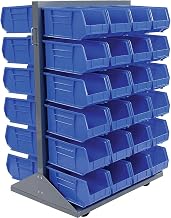 Global Industrial Double-Sided Mobile Rack with (48) Blue Bins, 36x25-1/2x55