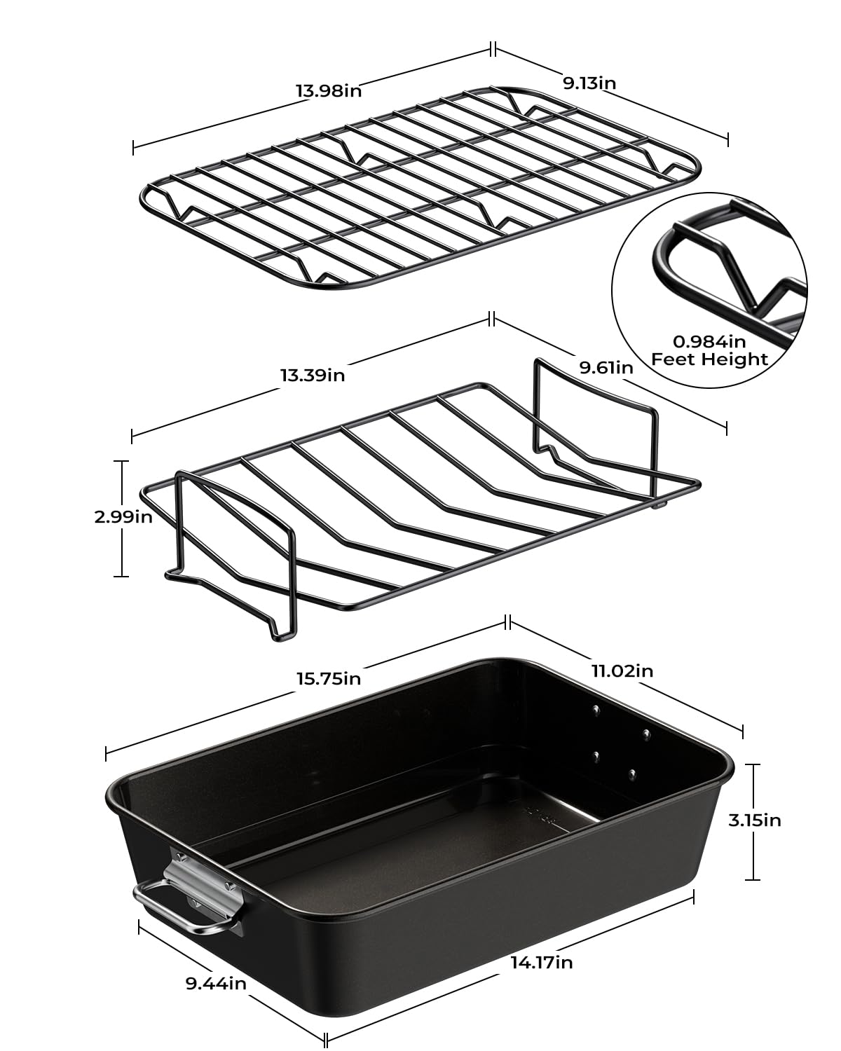 Armorbear Roasting Pan with Racks, Carbon Steel 16 x 11 Inch, Nonstick Black