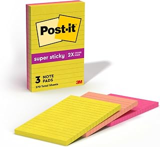 Post-it Super Sticky Lined Notes, 3 Sticky Note Pads, 4 x 6 in., School Supplies, Office Products, Sticky Notes for Vertical Surfaces, Monitors, Walls and Windows, Summer Joy Collection (Pack of 12)