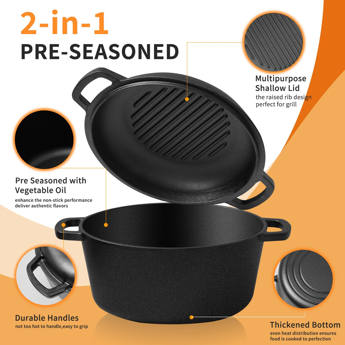 Asderote Cast Iron Dutch Oven Set, 5 Quart, With Bread Baking Tools