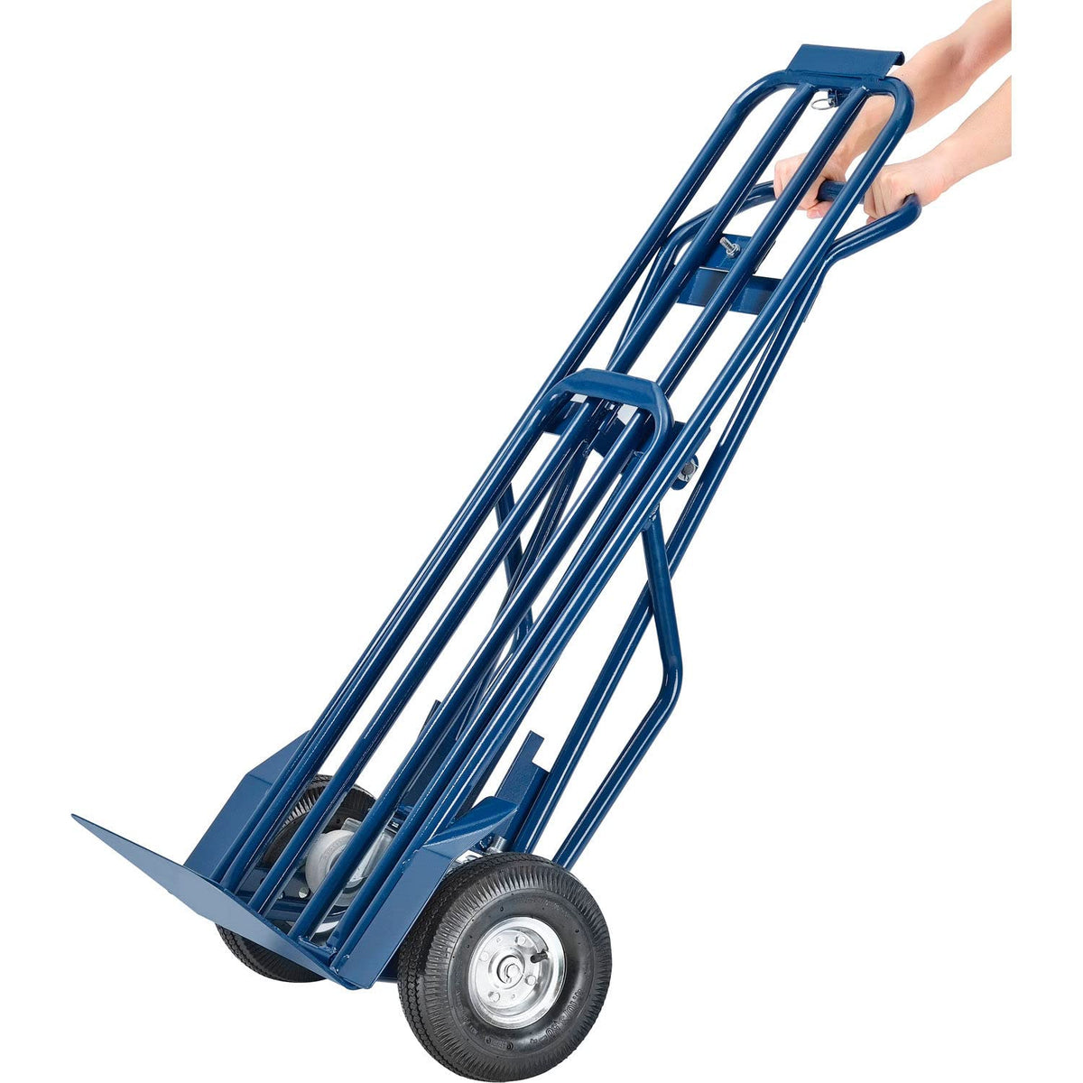 Steel 3-in-1 Convertible Hand Truck with Pneumatic Wheels by Global Industrial – 13"L x 51"W x 21"H, Alloy Steel, Blue, Model 983130