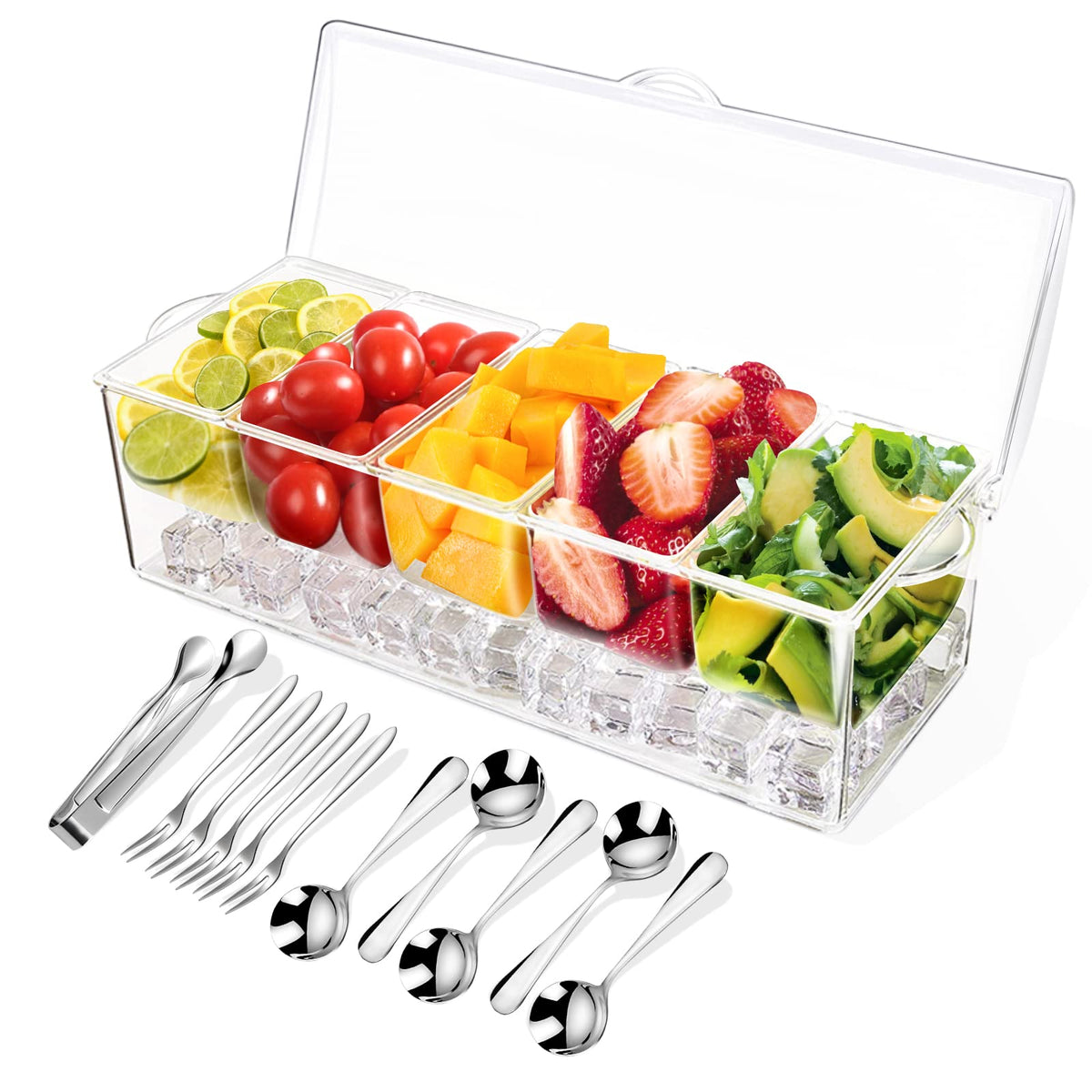 Arstpeoe Condiment Tray with Stainless Steel Utensils, 8 Compartments, Clear