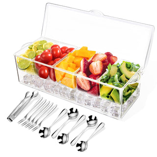 Arstpeoe Condiment Tray with Stainless Steel Utensils, 8 Compartments, Clear
