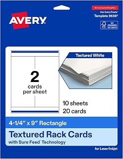 Avery Printable Rectangle Rack Cards, 4.25" x 9", Matte Textured White, Sure Feed Technology, Laser/Inkjet Compatible, 20 Total, Ideal for Packaging, Displays, and More