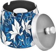 White Navy Hibiscus Flower Splash Ashtray with Lid, Outdoor Ashtrays for Patio
