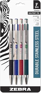 Zebra Technologies Zebra Pen. F-301 Ballpoint Stainless Steel Retractable Pen, Fine Point, 0.7mm, Assorted Ink, 4-Count: Black, Blue, Red