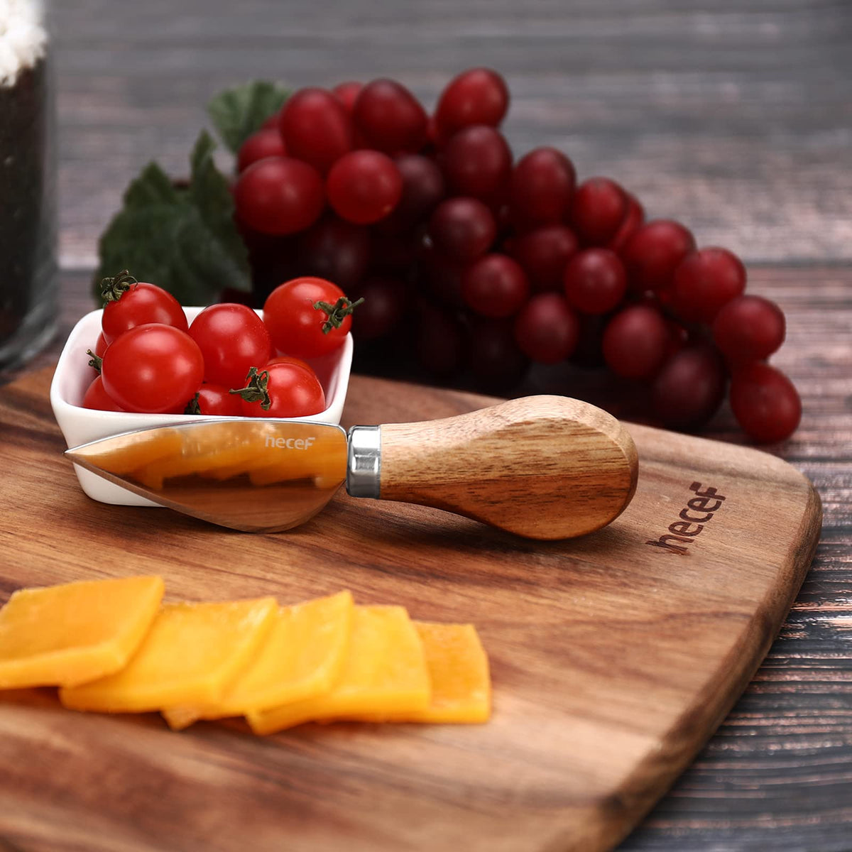 Hecef Acacia Wood Cheese Board Set, 12 x 8.7 Inches, With 2 Knives