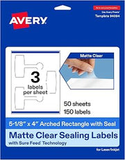 Avery Printable Sealing Labels, 5-1/8" x 4", Matte Clear Film, Sure Feed Technology, Print-to-The-Edge Capability, Laser/Inkjet Printer Compatible, 150 Total