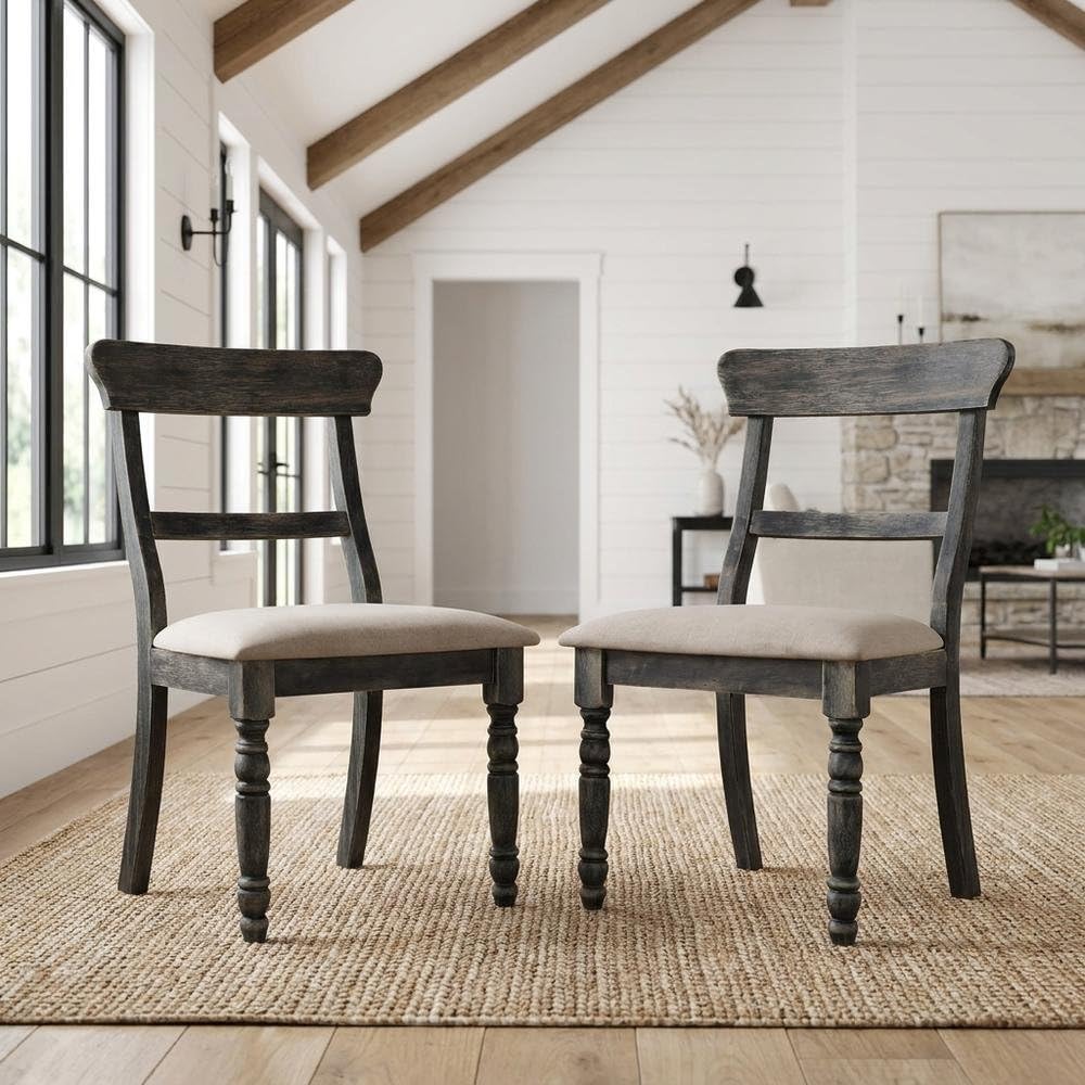 Fabric-Upholstered Wood Side Chair by Furnifact – Wood, Light Brown/Weathered Gray, Pack of 2