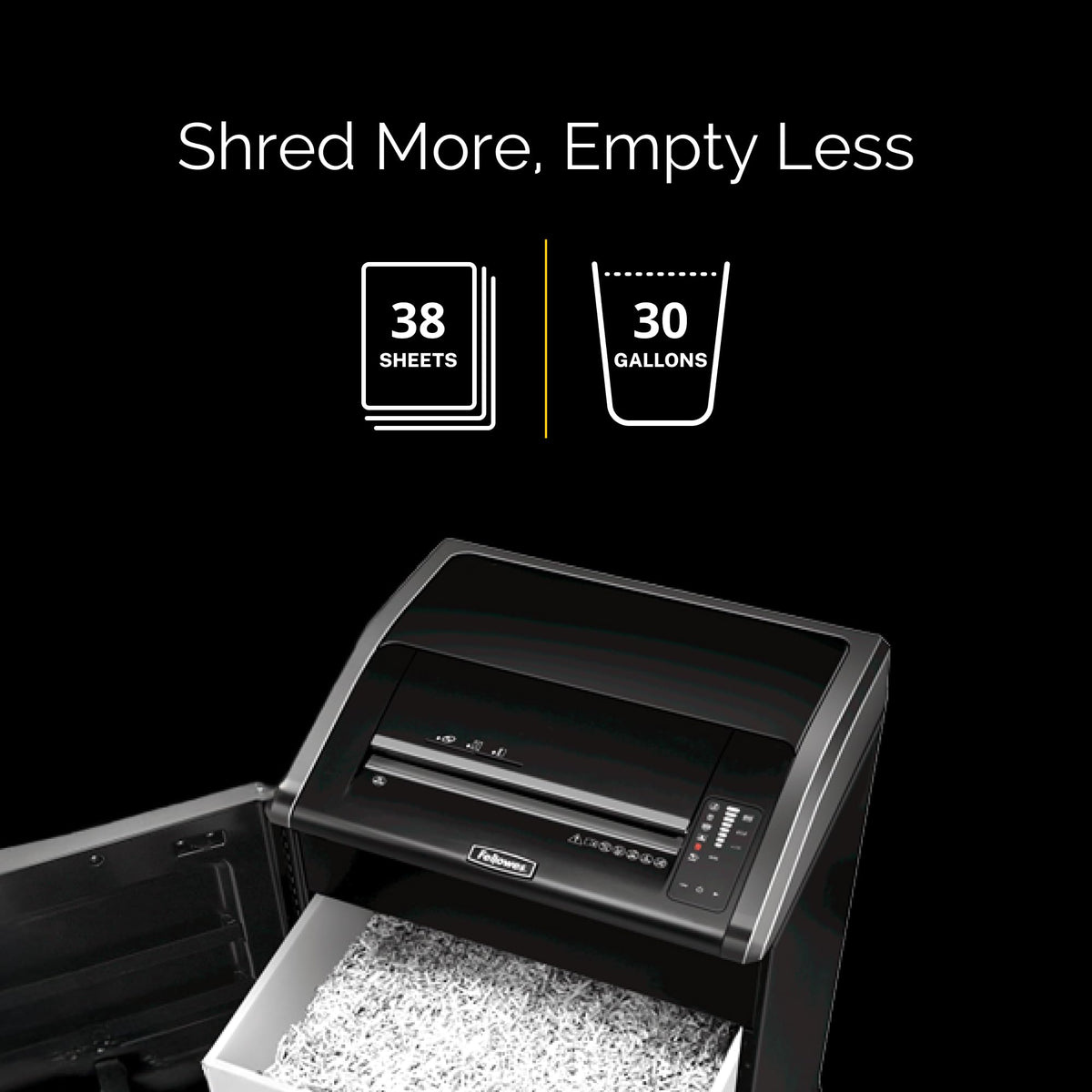 PowerShred 425i 38-Sheet Strip-Cut Shredder () by Fellowes – Strip-Cut, 30.0 gallons, Plastic With Metal Blades, Black, Model 38420