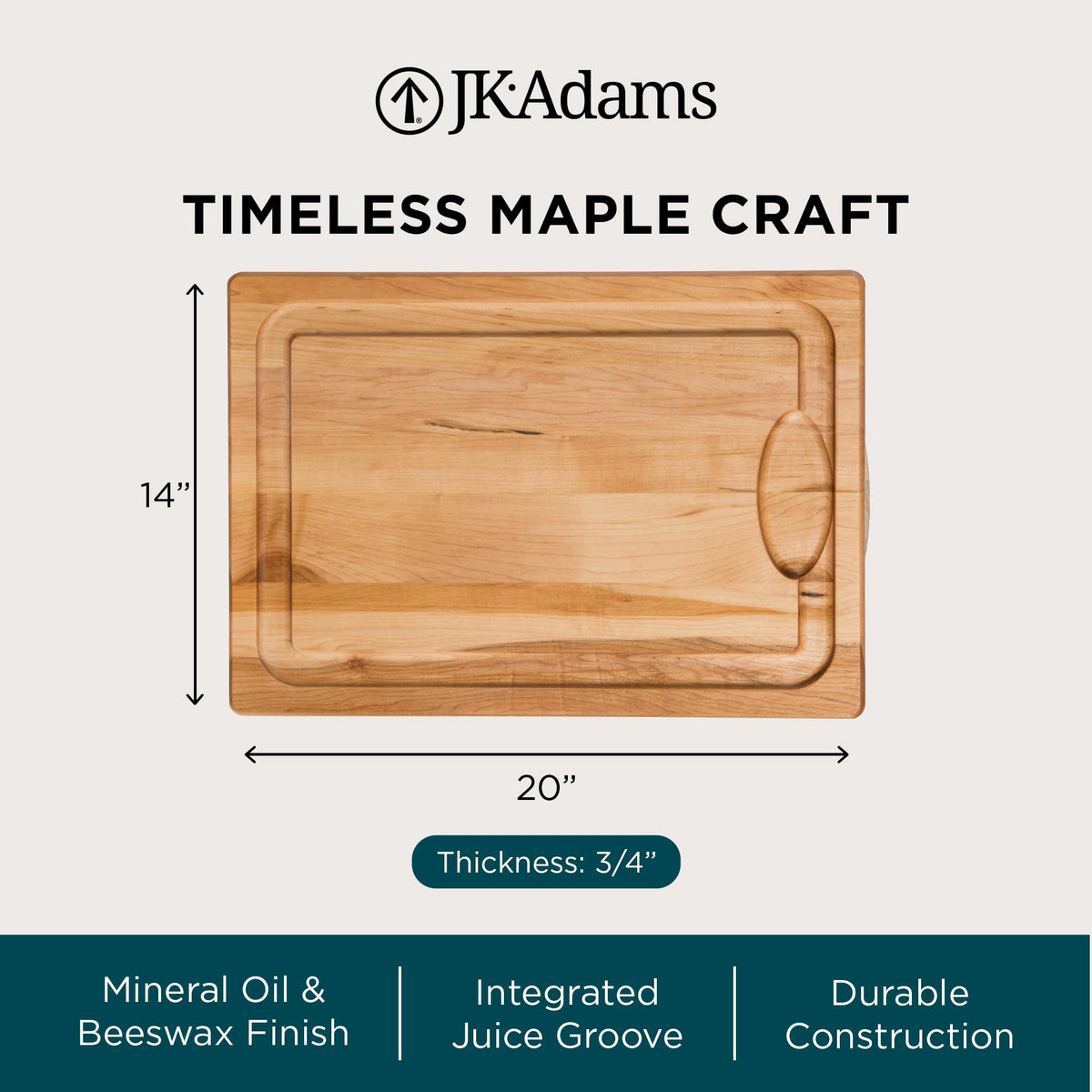 J.K. Adams Maple Wood Cutting Board, Juice Channel, 20 x 14 Inch