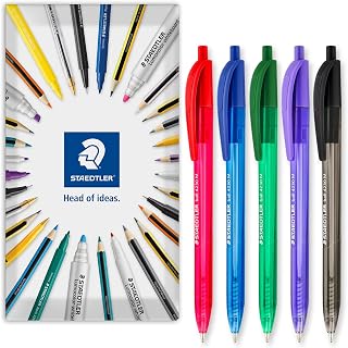STAEDTLER 4230 Retractable Ballpoint Pen, Pack of 5, Multicolour | Triangular Barrell, 1.0mm Line Width, Everyday Writing Pens, Home, Office, Work, Study