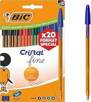 BIC Cristal Original 0.8mm Fine Point Fineliner Pens with Translucent Orange Body, Assorted Colours, Box of 20