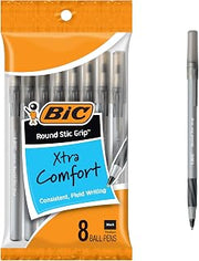 BIC Round Stic Grip Xtra Comfort Black Ballpoint Pens, 8-Count Pack