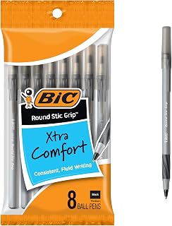 BIC Round Stic Grip Xtra Comfort Black Ballpoint Pens, 8-Count Pack