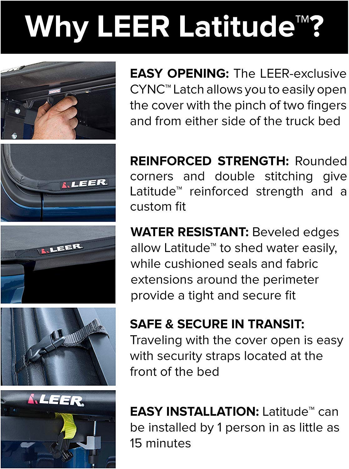 Latitude | Fits 2014-2018 GM Chevy Silverado/GMC Sierra with 6.6 FT Bed | Easy Install by LEER – Vinyl, Black, Model 630170