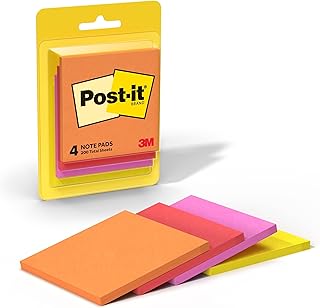 Post-it Notes, 3 x 3 in, Sunburst Collection, 4 Pads, 50 Sheets/Pad