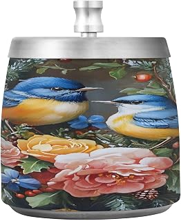 Two Blue Birds Flowers Splash Ashtray with Lid, Outdoor Ashtrays for Patio