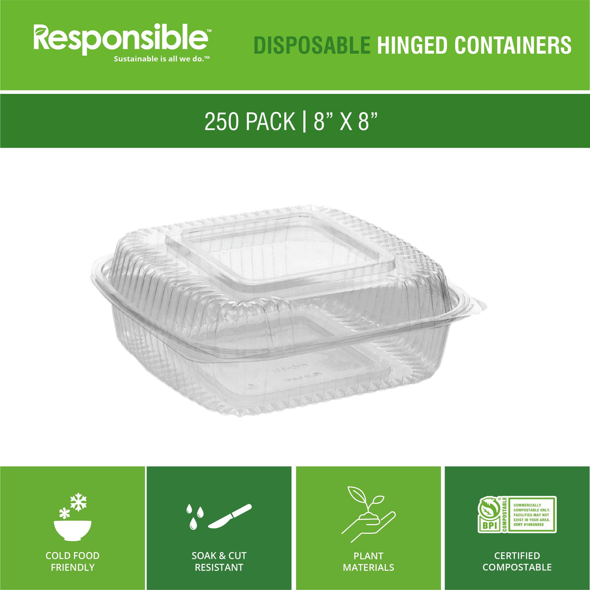 8" x 8" inch Clear Hinged Container by Responsible Products – 220.16 cubic_inches, Other, Clear, Model RP-PLA8X8HC-250-250