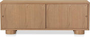 Hobbs Media Unit, Soft-Curve Silhouette, Solid Oak, Rounded Post Legs, Sliding Door Storage, Natural