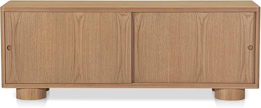 Hobbs Media Unit, Soft-Curve Silhouette, Solid Oak, Rounded Post Legs, Sliding Door Storage, Natural