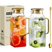 Snuvid Square Glass Pitcher with Lid, 2.2 Liter 75 Ounce, Gold