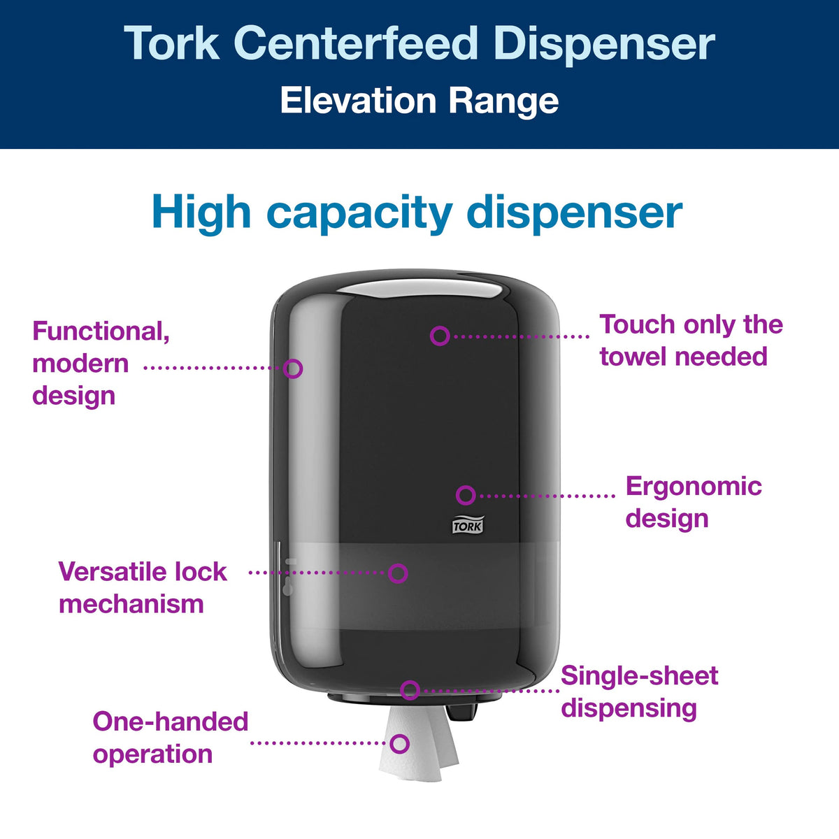 Industrial Centrefeed Dispenser Black M by Tork – 9.4 inches x 14.4 inches, Plastic, Black, Model 559028A