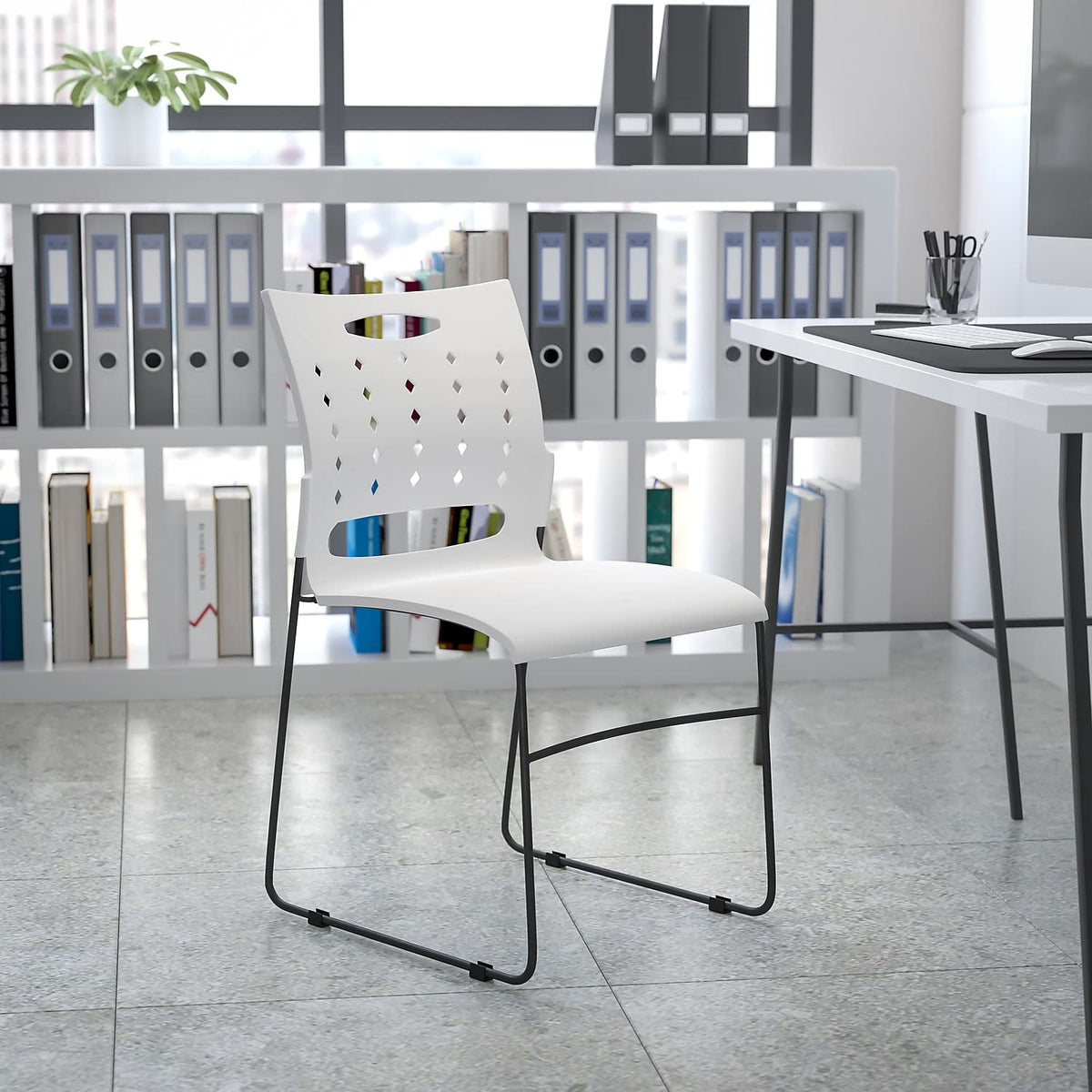 HERCULES Series 881 lb. Capacity White Sled Base Stack Chair with Air-Vent Back by Flash Furniture – Set of 1, Alloy Steel, White, Model RUT-2-WH-GG
