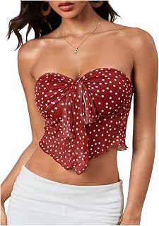 Women's Summer Polka Dots Tops Strapless Tube Top Tie Front Crop Tops