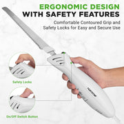 NutriChef Electric Carving Knife Set, Stainless Steel Blades, White with Wood Stand