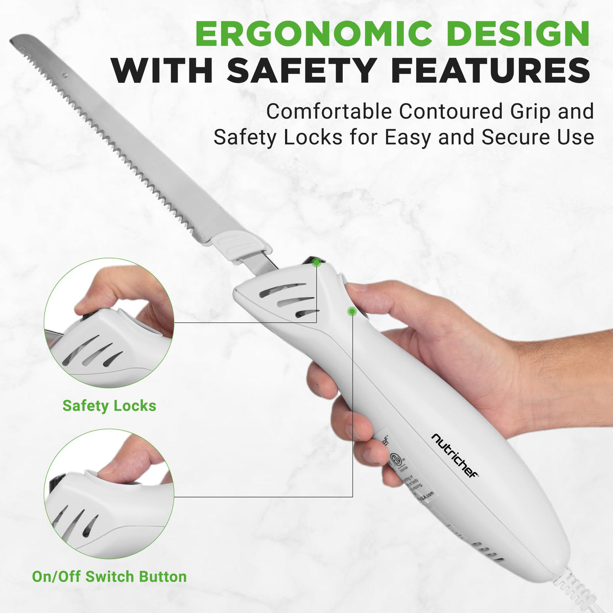 NutriChef Electric Carving Knife Set, Stainless Steel Blades, White with Wood Stand