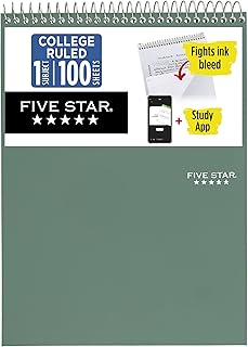 Five Star Top Spiral Notebook + Study App, 1 Subject, College Ruled Notepad, 8-1/2" x 11", 100 Sheets, Fights Ink Bleed, Water Resistant Cover, Seaglass Green (820058C-ECM)