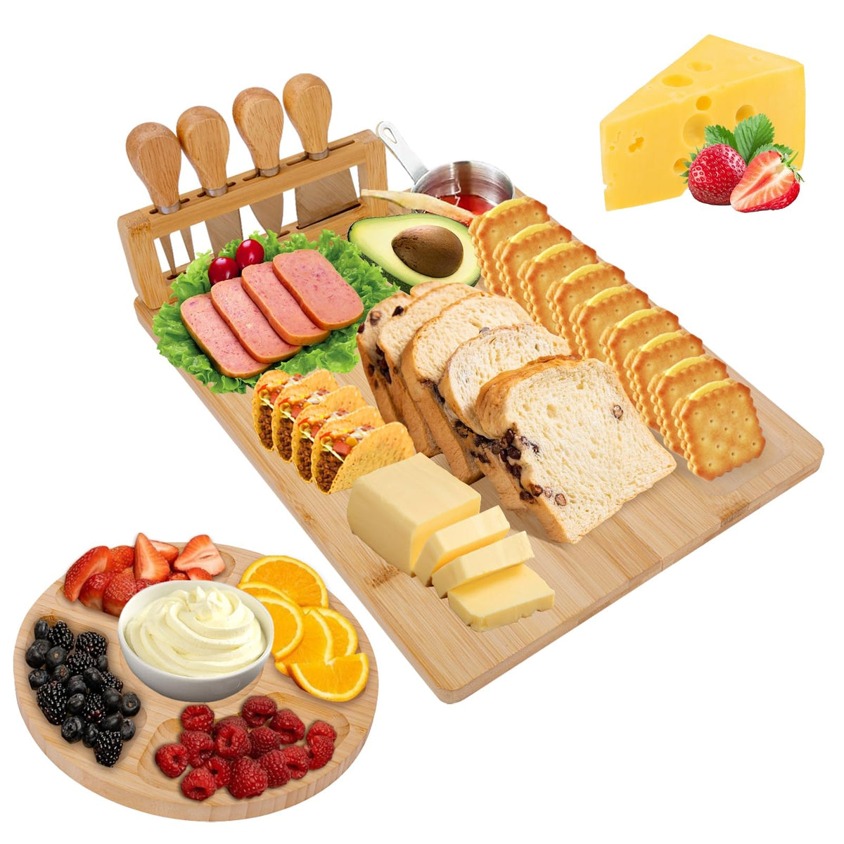 Turimon Bamboo Charcuterie Board, With 4 Knives And Fruit Tray, Wood