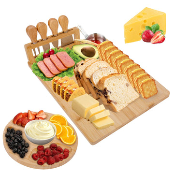 Turimon Bamboo Charcuterie Board, With 4 Knives And Fruit Tray, Wood