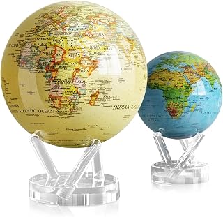 MOVA Globe Bundle – Antique Yellow Political Map 8.5” + Blue Relief Map 4.5” | Solar-Powered Rotating Globes | No Batteries or Cords | Classic Geography Decor Gift Set