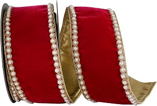 Reliant Ribbon Pearl Edging Plush Velvet Deluxe Splendor Metallic Backed Wired Edge, Ruby, 4 Inch, 5 Yards