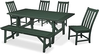 Polywood Vineyard 6-Piece Rustic Farmhouse Side Chair Dining Set with Bench in Green