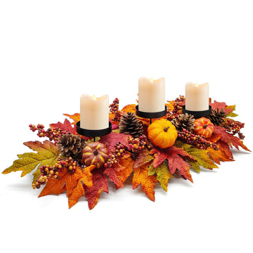 Sunnypack Fall Harvest Candle Holder, 27.5 Inch Triple Pillar, Pumpkin Pine Cone Berry