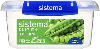 Sistema 886507 Klip It Plus Square Container Food Storage, Polypropylene, 1.15 liters, Clear