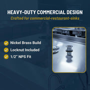 Krowne 1/2" NPS Nickel Plated Brass Drain – 4"L x 4"W x 6"H, Brass, Silver, Model 23-110