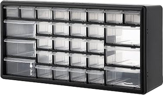 Global Industrial 30 Drawers Plastic Drawer Parts Cabinet, 20"W x 6-1/2"D x 10"H, Black
