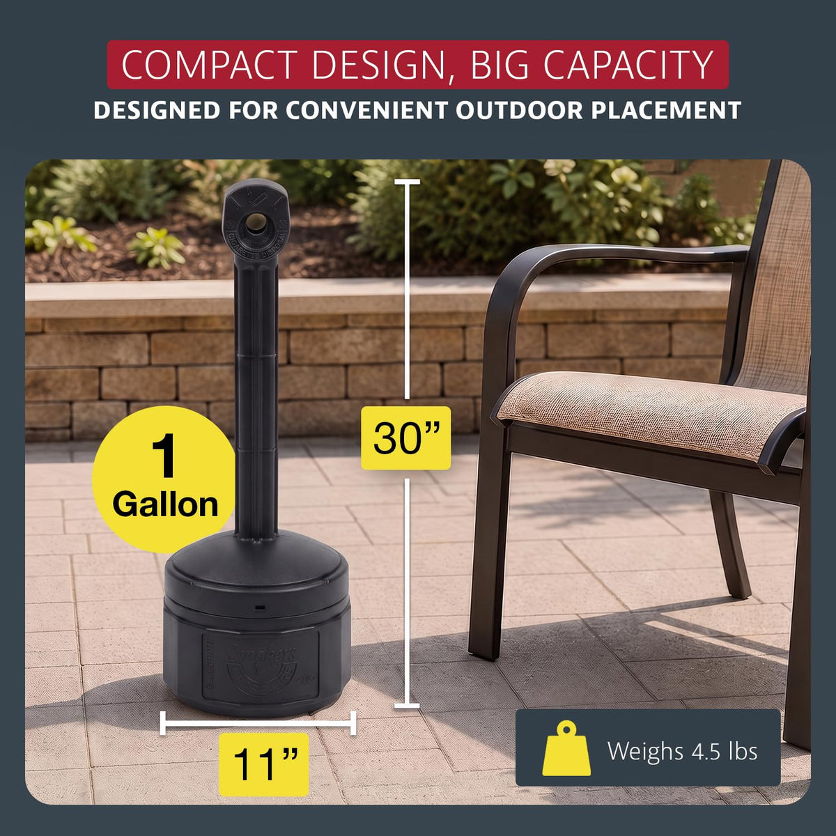 Cigarette Butt Receptacle by Justrite – 1 Gallon, Polyethylene (PE), Black, Model 26806D
