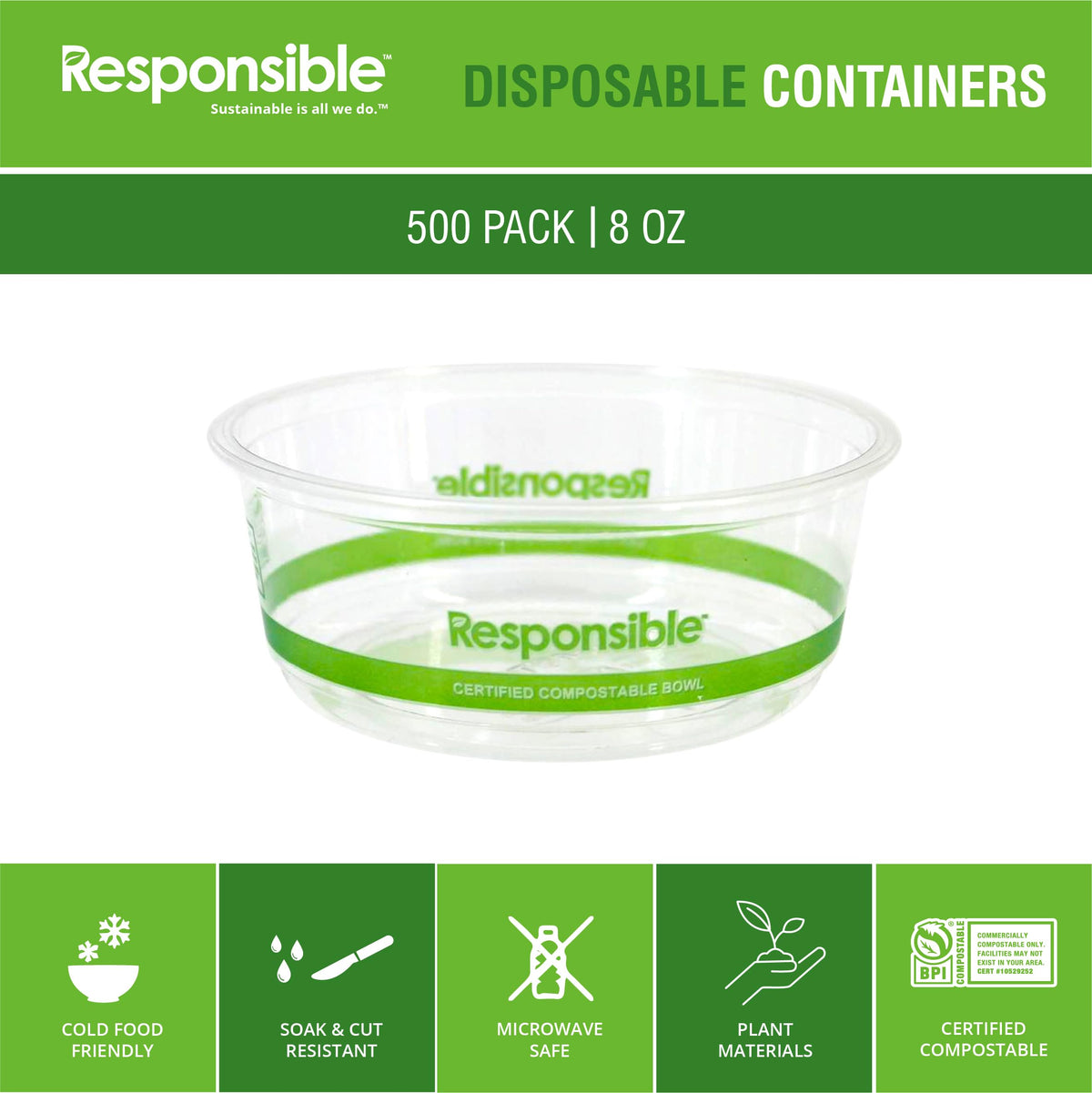 8 oz Clear Round Deli Container by Responsible Products – 8 oz, 8.0 fluid_ounces, Other, Clear, Model RP-PLARDC08-117-500