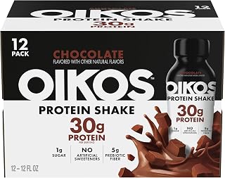 Oikos Protein Shake, Chocolate, 30g High Protein Drinks, Shelf Stable, Ready to Drink, 5g Prebiotic Fiber, 12 fl oz Bottle, 12 Count​