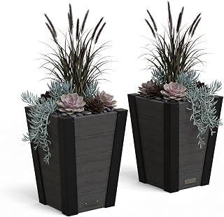 Mayne Vista 18in Tall Square Tapered Planter, Charcoal, 2-Pack | All season, Fade resistant, Woodgrain finish, Built-in overflow, 10-year warranty