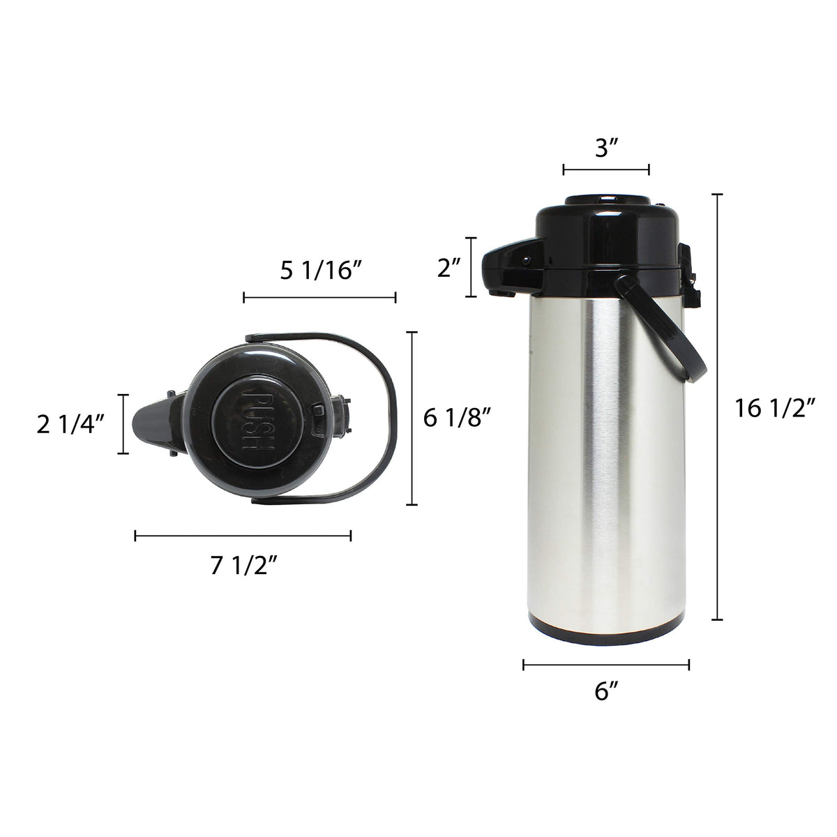 Airpot 2.5 Liter (84 Oz.) 8-1/4" X 6-1/2" X 15-1/3"H by Thunder Group – 84.5 Ounces, 2.5 liters, Stainless Steel, Silver/Black, Model ASPS325