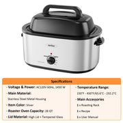 Sunvivi Electric Roaster Oven, 28 Quart Capacity, Silver