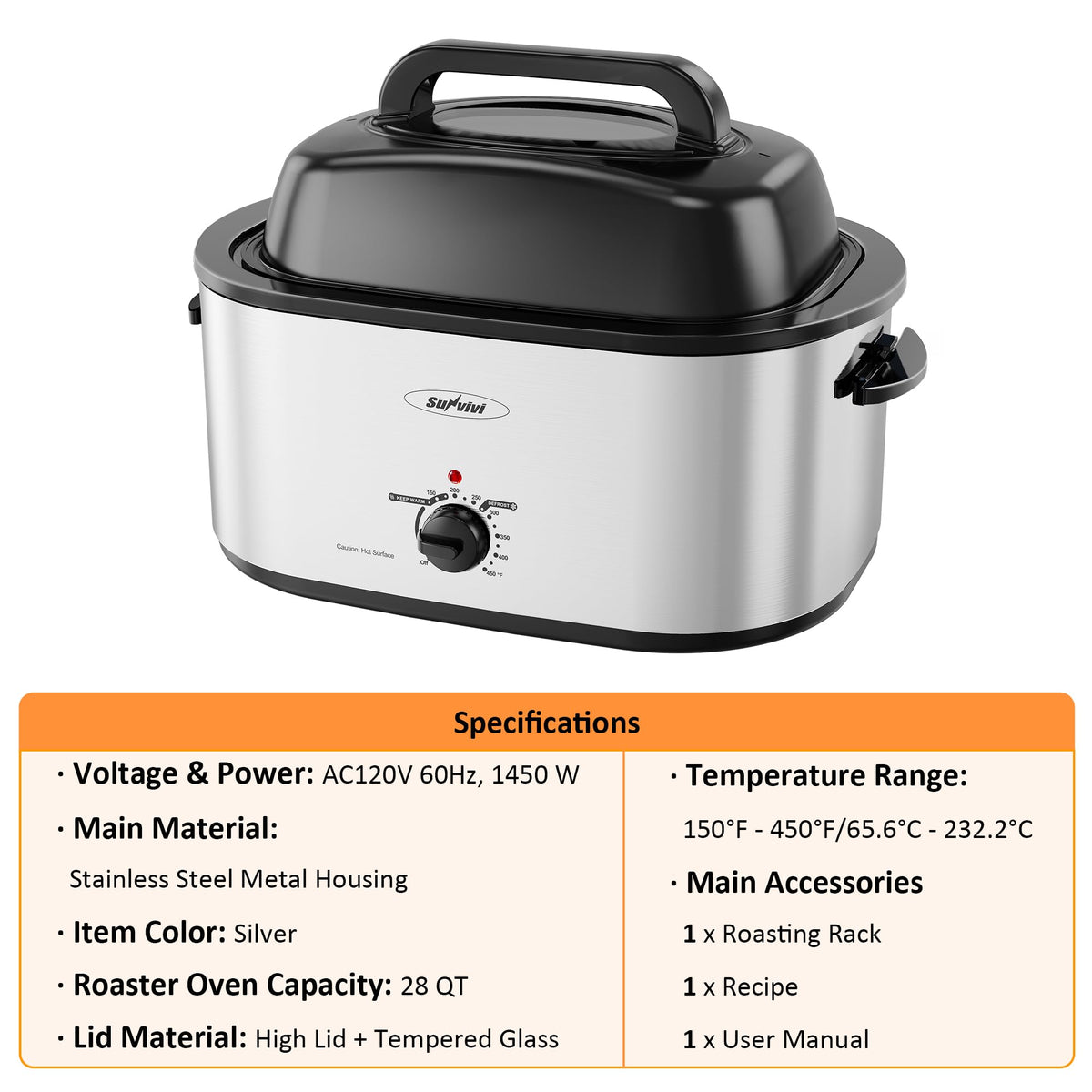 Sunvivi Electric Roaster Oven, 28 Quart Capacity, Silver