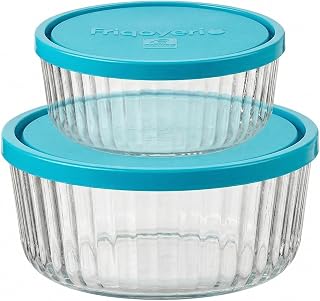 Bormioli Rocco Frigoverre Brilliante 2 Piece Set, Ribbed Round Glass Containers with Covers - Scratch-Resistant Nesting Bowls for Storage/Prep, 13.25oz & 27.75oz - Microwave, Freezer, Dishwasher Safe
